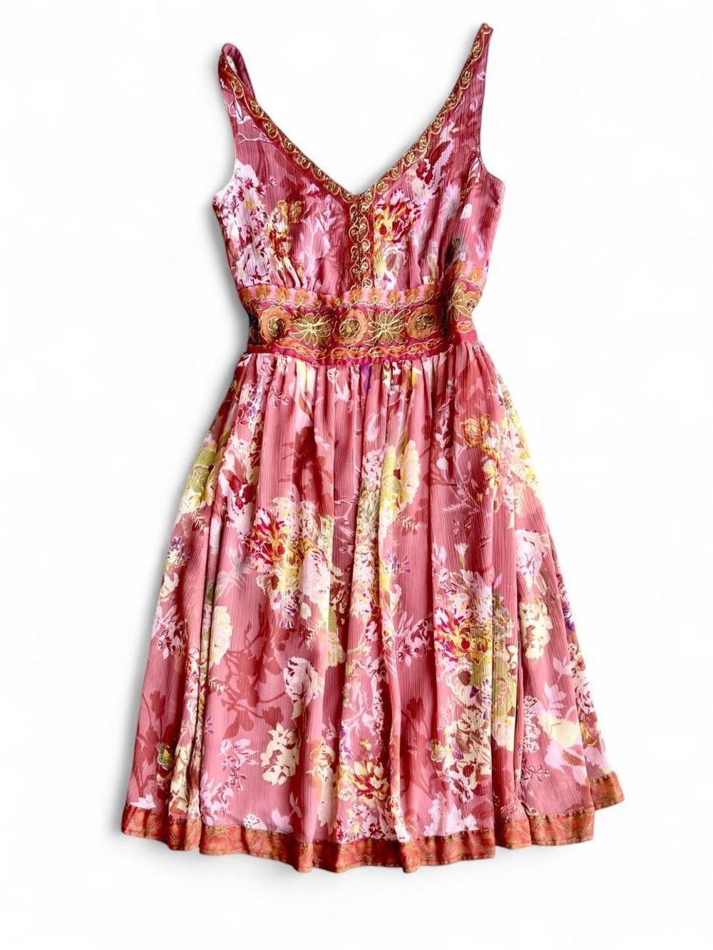 Derhy Fancy floral  Pink V-Neck Sleeveless Fit & Flare Dress